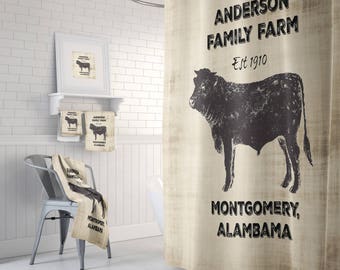 Personalized Farm Shower Curtain, Beige  Rustic Design With Cow