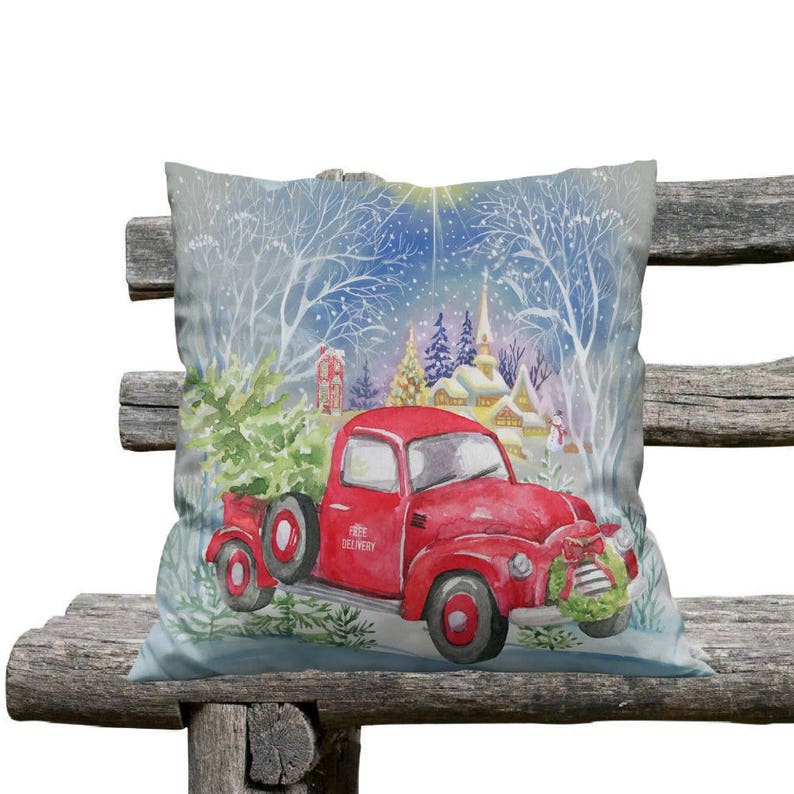 Red Truck With Christmas Tree Throw Pillow
