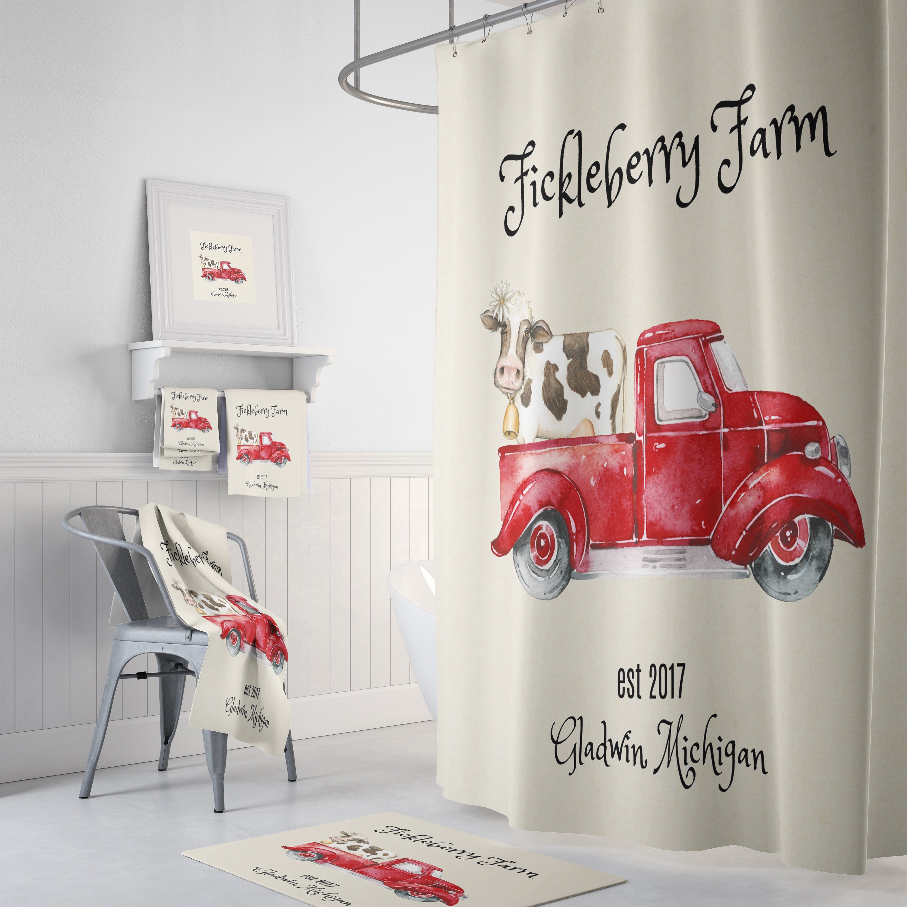 Personalized Shower Curtain Vintage Red Truck With Cow Etsy