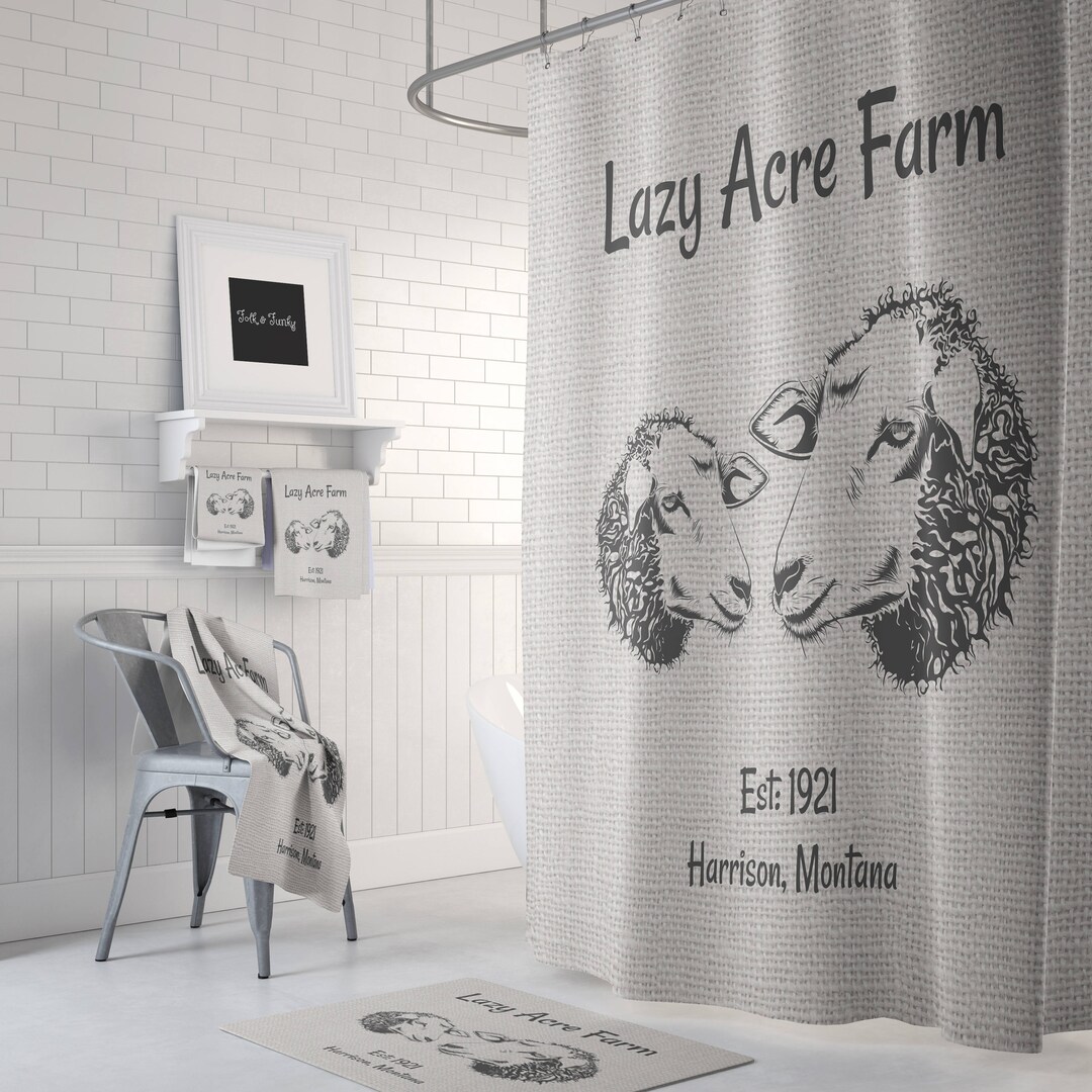 Farmhouse Chic Sheep Lamb Shower Curtain, Custom Personalized, Bath Mat