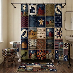 May include: A patchwork shower curtain with a country theme, featuring squares with images of houses, stars, and crows. The color palette includes navy, red, and beige. Matching bath towels and a rug complete the set, creating a cohesive bathroom decor.