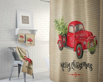 May include: Red vintage pickup truck with a Christmas tree in the bed, driving on a brown background with the text "merry christmas".