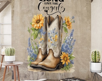 Western Charm Cowboy Boots Cowgirl Themed Shower Curtain with Set Options