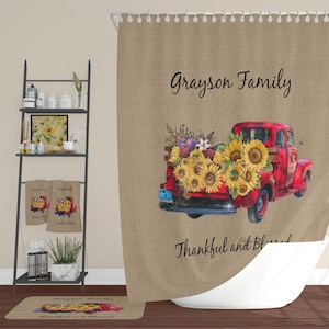 Personalized Red Truck Sunflower Shower Curtain, Bathroom Decor