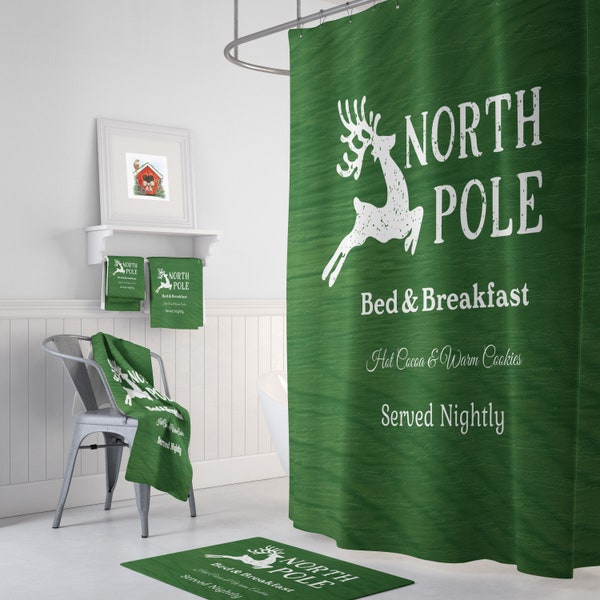 Rustic Christmas Shower Curtain Optional Towels and Mat North Pole Sign