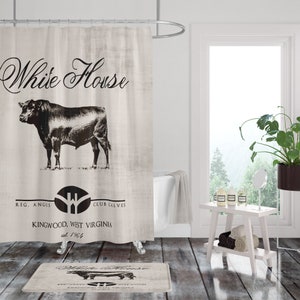 Farmhouse Shower Curtain,Primitive , Black Angus Cow Custom Personalized, Bath Mat, Bath Towels