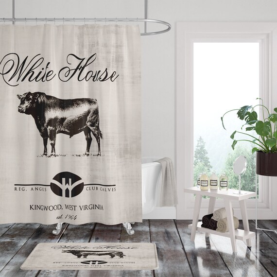 Farmhouse Shower CurtainPrimitive Black Angus Cow Custom | Etsy