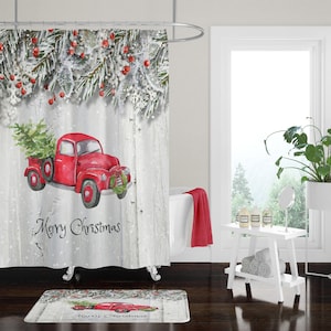 Christmas Red Truck With Tree Shower Curtain Bath Mat, Towels,Pine  Branch, Faux Wood, Rustic, Primitive