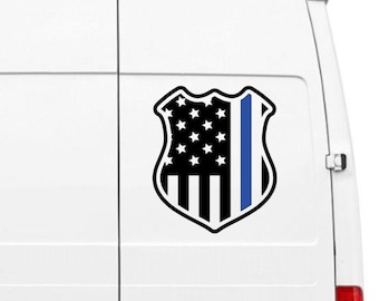 Thin Blue Line Shield Decal – Police Badge American Flag Vinyl Sticker – Law Enforcement Support