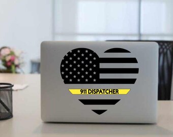 Flag Heart 911 Dispatcher Decal, Yellow Line Support Sticker