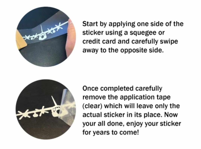 May include: Image showing instructions for applying a white sticker with a plane design. The text explains how to apply the sticker using a squeegee or credit card, and then remove the application tape. The instructions are in English.