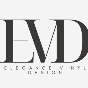 May include: Black and white logo for a business called "Elegance Vinyl Design" with the letters "EVD" in a stylized font.