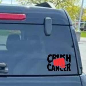 May include: Black and red "Crush Cancer" decal. The text is in a bold, sans-serif font, with the word "Crush" above "Cancer". A red fist graphic is between the words. The decal is on a car window.