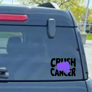 May include: Black decal with the words "CRUSH CANCER" in a bold font. The word "CRUSH" is above "CANCER". A purple fist graphic is between the two words. The decal is on the rear window of a vehicle.