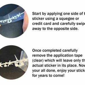 May include: Instructions for applying a white sticker with a plane design. The text reads: Start by applying one side of the sticker using a squeegee or credit card and carefully swipe away to the opposite side. Once completed carefully remove the application tape.