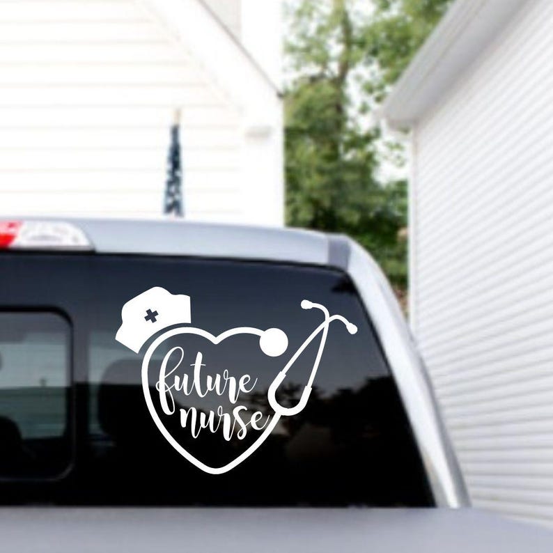 May include: White vinyl decal of a heart with a stethoscope and a nurse's cap. The text "future nurse" is inside the heart.