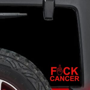 May include: Red vinyl decal with the words "F*CK CANCER" and a middle finger symbol.
