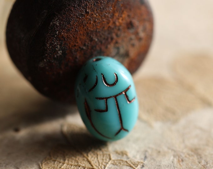 TURQUOISE SCARAB .. 6 Premium Czech Glass Scarab Beetle Beads 10x13mm (9175-6) .. jewelry supplies