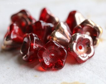 Small Czech Glass Faceted Thru Cut Teardrop Drop Bead Red Nebula 20 Beads Item 5837 8 x 6 mm