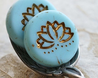 New 2 Premium Czech Matte Glass Lotus Coin Beads 18mm GOLDEN SKY LOTUS . 8747-2