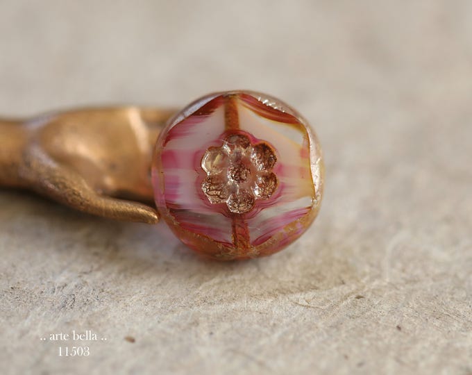 New .. MYSTIC BUDDING PINKS .. 4 Premium Picasso Czech Glass Coin Flower Beads 15mm (11503-4) .. jewelry supplies