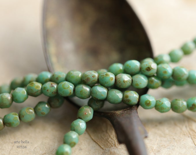 TURQUOISE MOSS .. 50 Premium Picasso Czech Glass Faceted Round Beads 4mm (10334-st) .. jewelry supplies