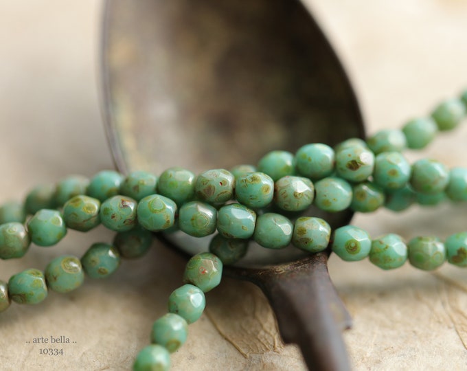 TURQUOISE MOSS .. New 50 Premium Picasso Czech Glass Faceted Round Beads 4mm (10334-st)