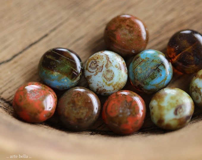 EARTHY PEBBLE MIX .. New 10 Rustic Premium Picasso Czech Glass Lentil Bead 10mm (10434-10) .. jewelry supplies