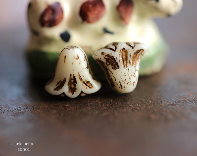 BRONZED CREAM LILIES .. New 10 Premium Czech Glass Lily Flower Beads 9x10mm (10901-10) .. jewelry supplies
