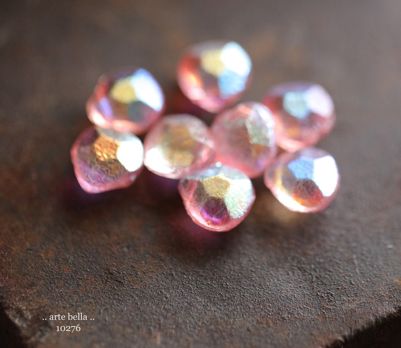 PINK PRINCESS DROPS .. New 10 Premium Rustic Etched Czech Glass Faceted Briolette Beads 10x9mm 10276-10 image 4