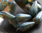BLUE OCEAN MELON Drops No. 2 6 Premium Picasso Czech Glass Melon Drop Beads 22x11mm (8448-st)