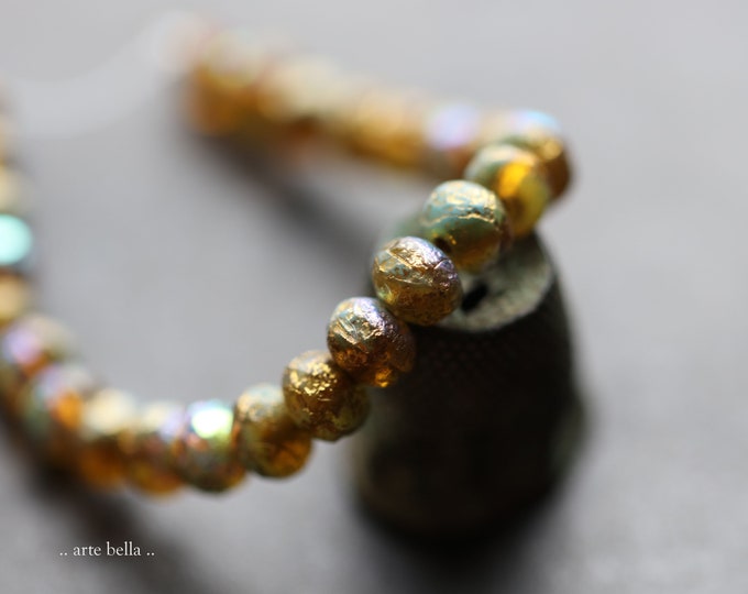 back in stock .. MYSTIC GOLD AMBER Pebbles .. 25 Rustic Etched Czech Glass Faceted Rondelle Beads 7x5mm (9258-st) .. jewelry supplies