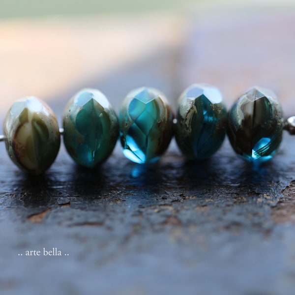 DEEP OCEAN .. 25 Premium Picasso Czech Glass Faceted Rondelle Beads 6x8mm (9372-st) .. jewelry supplies