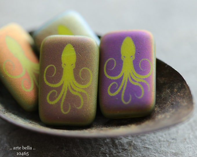 CHARTREUSE OCTOPUS REX  .. New 4 Premium Matte Czech Glass Laser Etched Octopus Rectangle Bead Mix 19x12mm (10465-4)