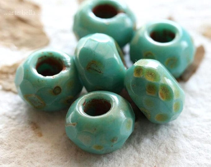 EARTHY TURQUOISE ROLLERS .. 6 Picasso Czech Glass Large Hole Roller Beads 8x12mm (8357-6) .. jewelry supplies
