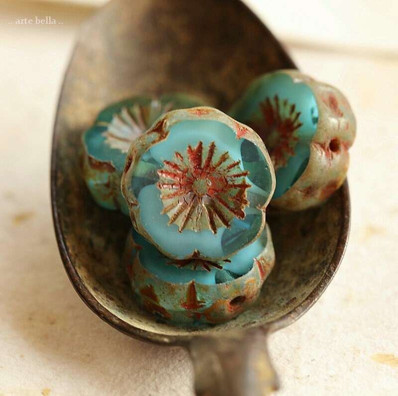 EARTHY AQUA PANSIES .. 4 Premium Picasso Czech Glass Hibiscus Flower …