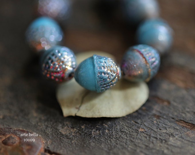 MYSTIC BLUE ACORNS .. 8 Premium Matte Czech Glass Acorn Beads 12x10mm (10109-st)