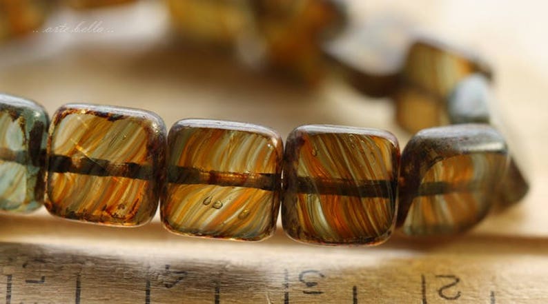 HORIZON .. 15 Premium Picasso Czech Glass Square Beads 9mm B1012-15 .. jewelry supplies image 2