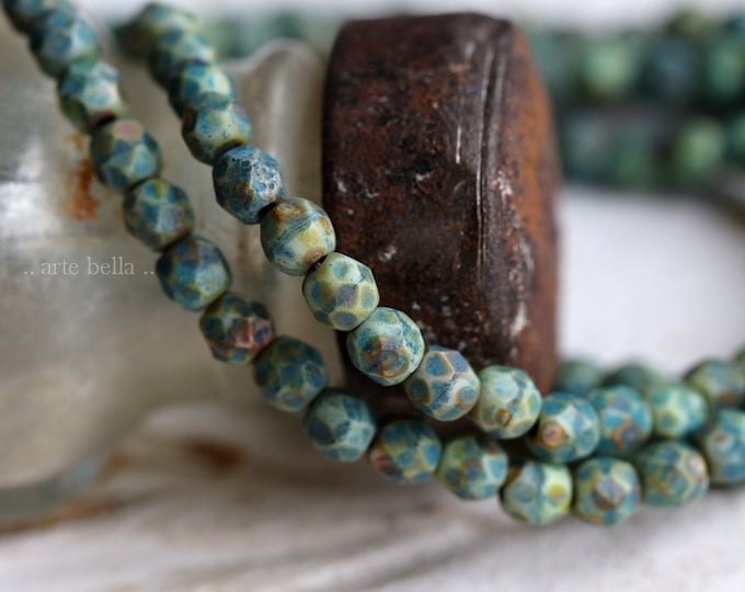 back in stock .. EARTHY BLUE BITS 4mm .. 50 Premium Picasso Czech Etched Glass Faceted Round Beads (7149-st) .. jewelry supplies