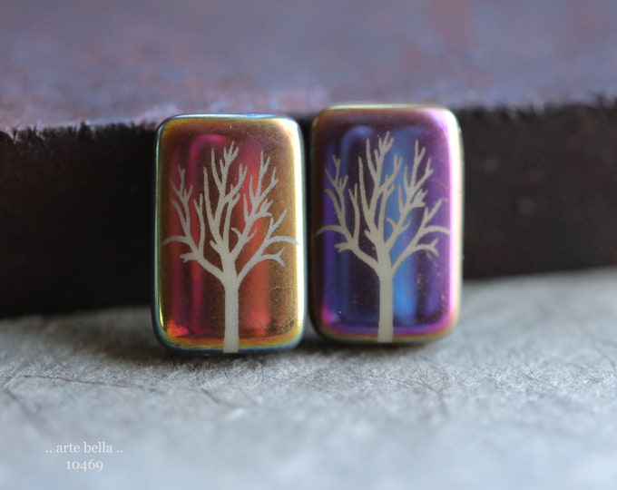 IVORY TREE REX No. 1 .. New 4 Premium Czech Glass Laser Etched Tree Rectangle Bead Mix 19x12mm (10469-4)