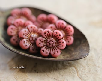 BRONZED PINK ROSES .. 6 Premium Czech Glass Wild Rose Flower Beads 14mm (9722-6)