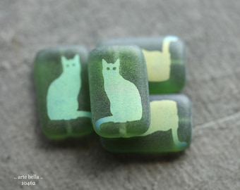 GREEN CAT REX .. New 4 Premium Matte Czech Glass Laser Etched Cat Rectangle Bead Mix 19x12mm (10462-4)