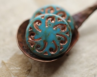 COPPERED TURQUOISE SUNS .. 2 Premium Picasso Czech Glass Floral Sun Coin Bead 23mm (10133-2)