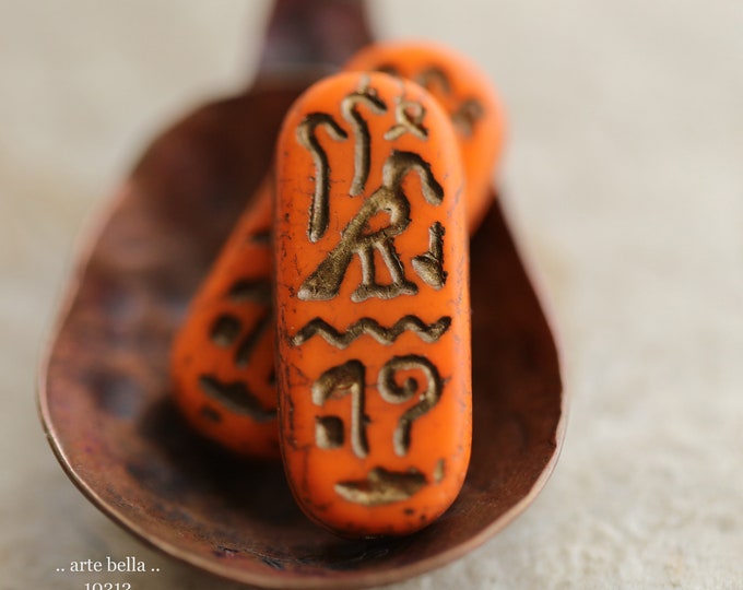 BRONZED ORANGE EGYPTIAN Cartouche .. 6 Premium Matte Czech Glass Tablet Beads 25x10mm (10212-st)