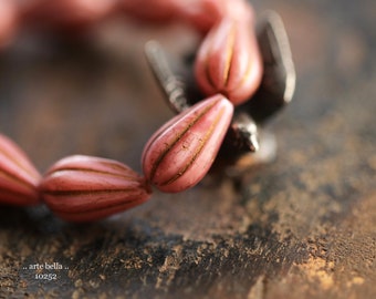 BRONZED PINK DROPS .. New 10 Premium Czech Glass Melon Drop Beads 13x8mm (10252-st)