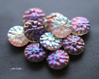 MYSTIC AURORA DAHLIAS .. 10 Premium Matte Czech Glass Dahlia Flower Beads 14mm (9510-st)