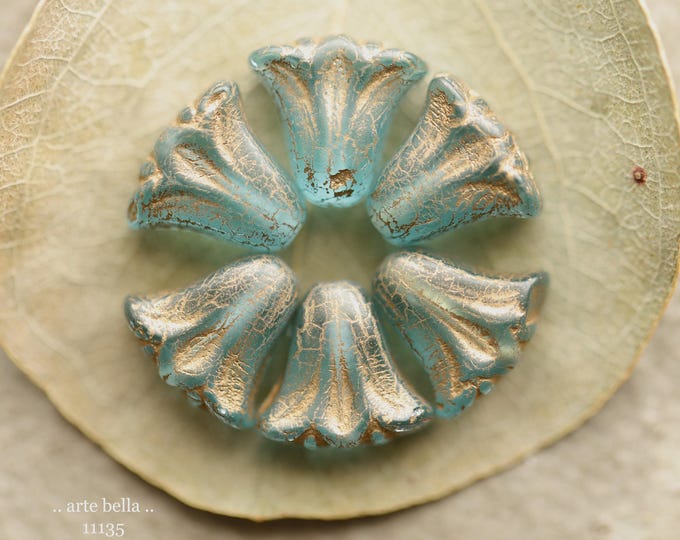 premium glass beads .. BRONZE AQUA LILIES .. New 10 Matte Czech Glass Lily Flower Beads 9x10mm (11135-10) .. jewelry supplies