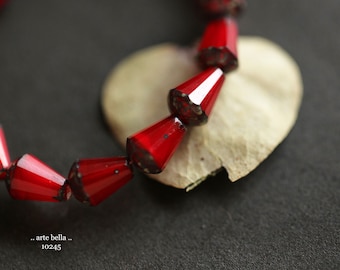 SCARLET DROPETTES .. New 15 Premium Picasso Czech Glass Drop Beads 8x6mm (10245-st)