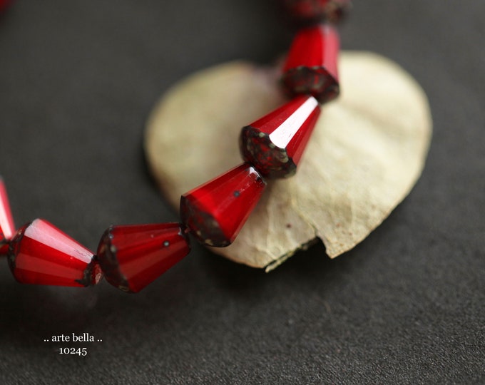 SCARLET DROPETTES .. New 15 Premium Picasso Czech Glass Drop Beads 8x6mm (10245-st)