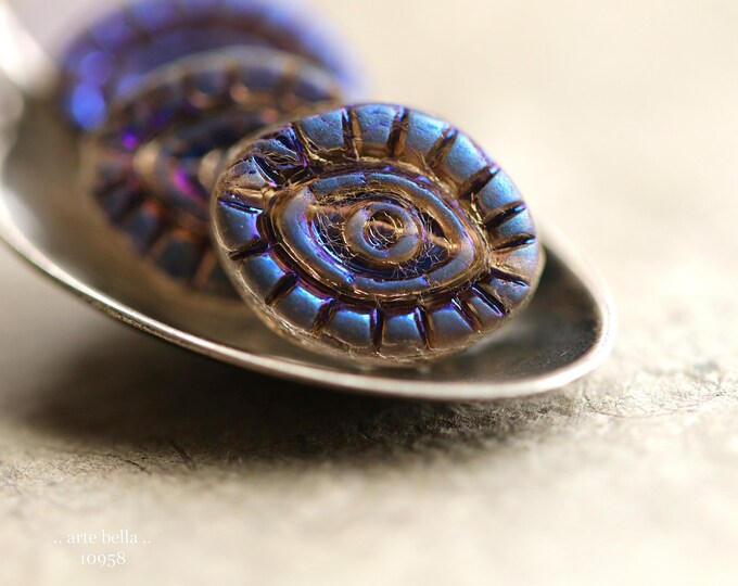 AZURE GRAY PEEPERS .. New 6 Premium Matte Czech Glass Mystic Eye Beads 14x11mm (10958-6) .. jewelry supplies